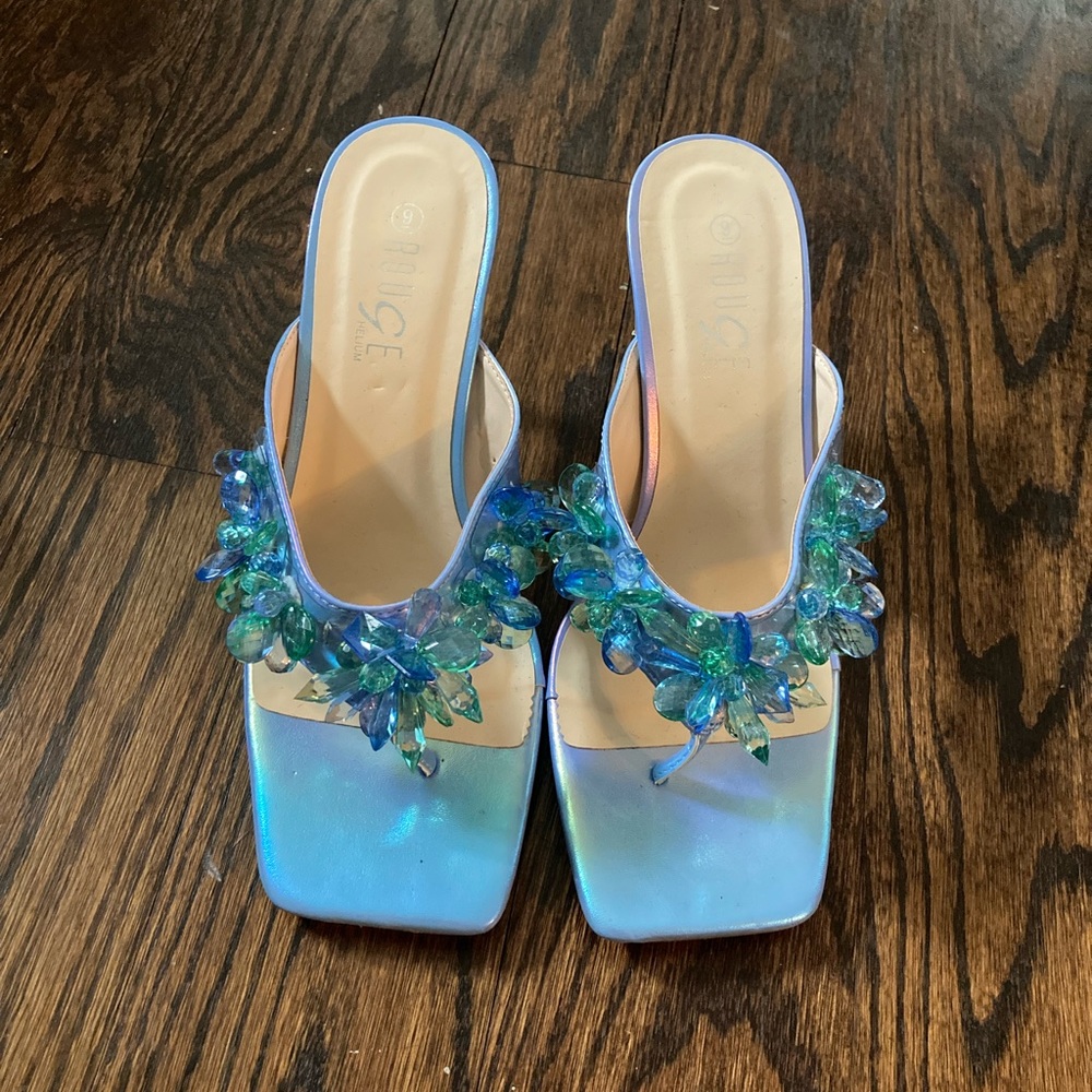 Blue Crystal Thong Kitten Heels.
